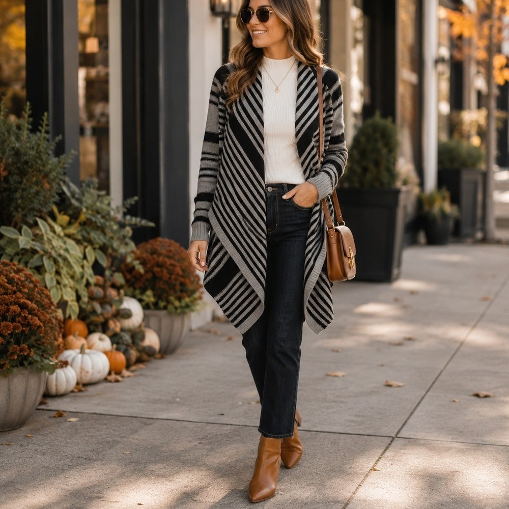 Open Front Striped Waterfall Cardigan Sweater Gray Black Size Small Quiet Luxury